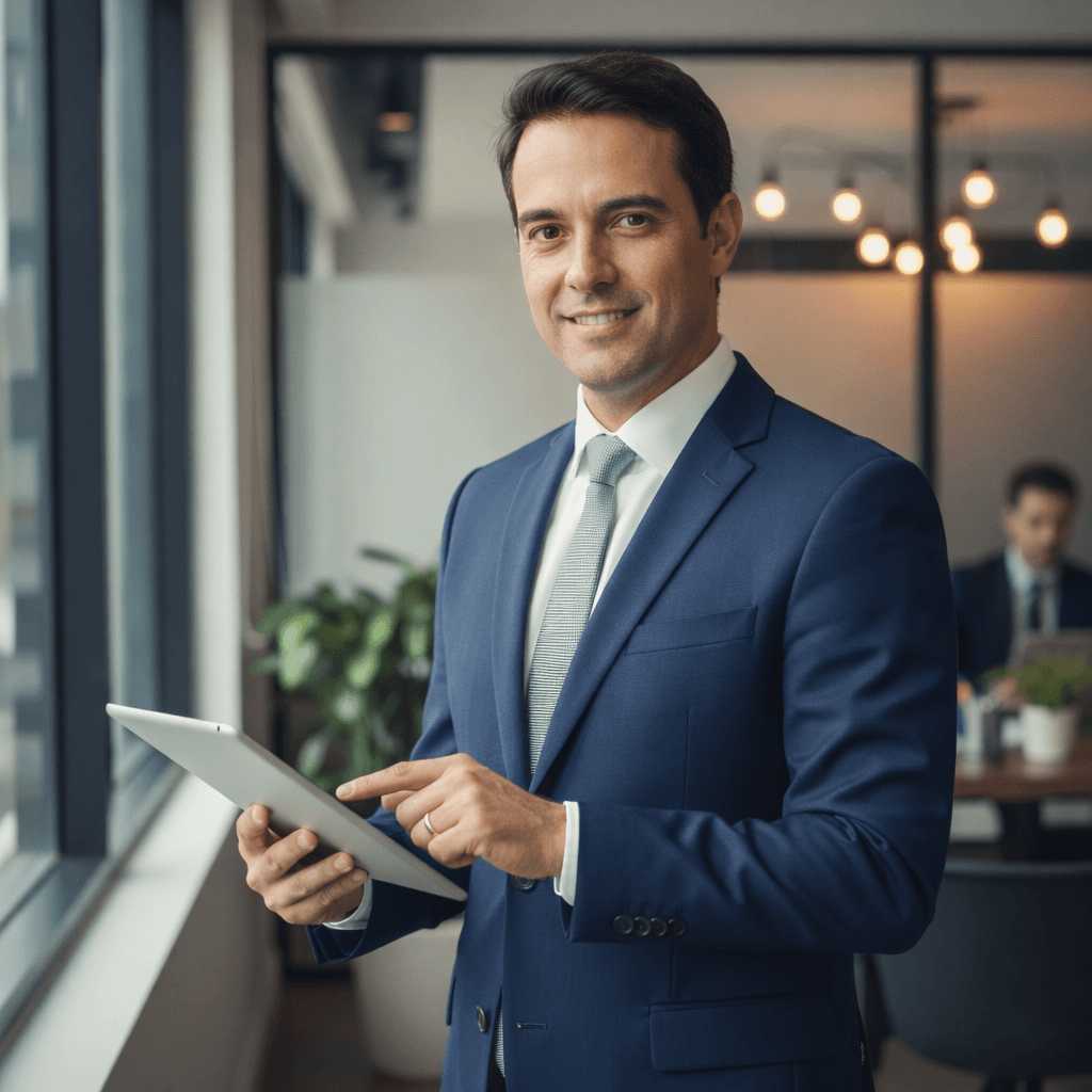 Gerente interagindo com rede digital de profissionais